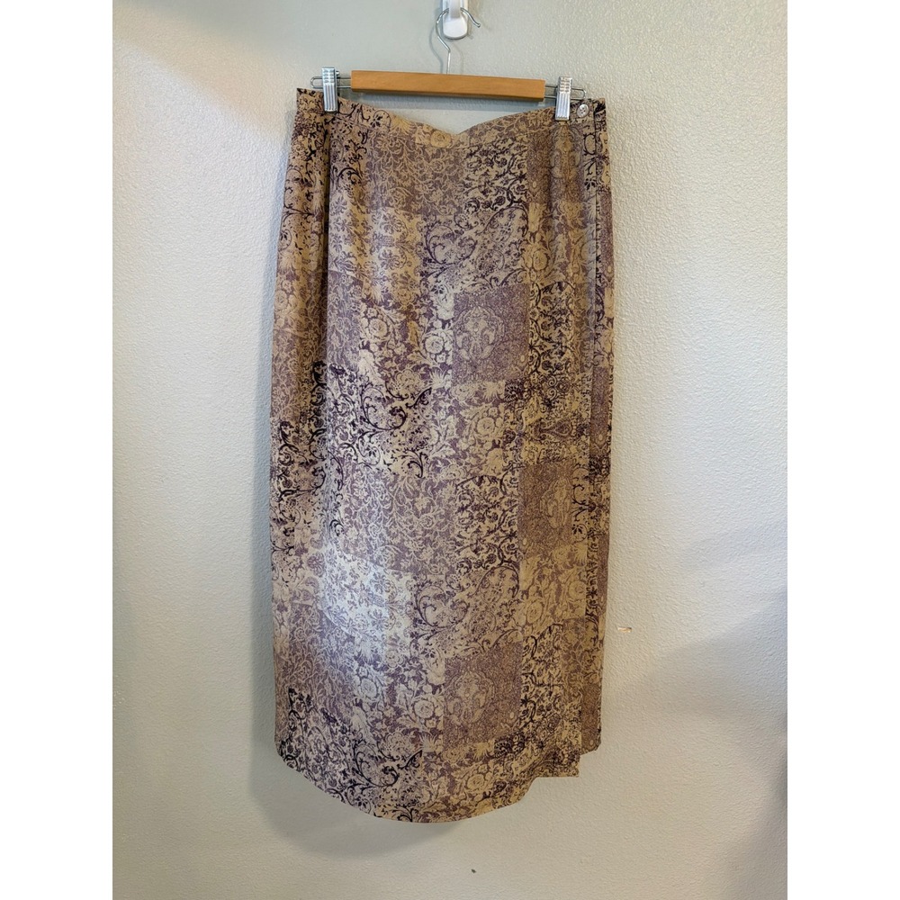 Talbots Silk Maxi Skirt Women 14 Tan Purple Damask Patchwork Print Lined Vintage